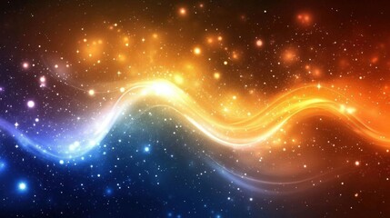 Poster - Abstract glowing orange and blue particle waves with dots, stars, and lines. Futuristic digital technology background for banners, posters, or presentations.
