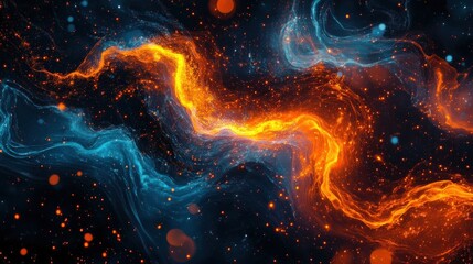 Poster - Abstract glowing orange and blue particle waves with dots, stars, and lines. Futuristic digital technology background for banners, posters, or presentations.