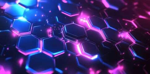 Aufkleber - Futuristic abstract background with glowing hexagons, connecting dots, and vibrant blue, purple, and pink tones. Technology and digital design concept, ideal for presentations.