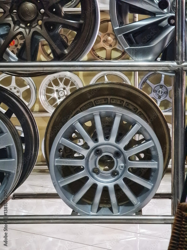 Car Rims Inside Bekasi, Indonesia on 8 Feb 2025. Car Rims Displayed on Metal Rack ...