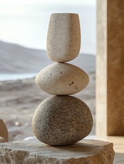 Poster - Minimalist 3D Rock Pedestal Display with Smooth Object on Beige Background in Natural Studio Setting