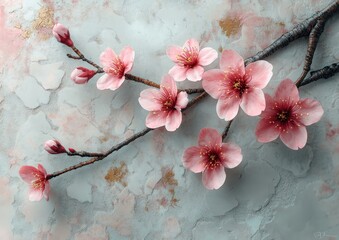 Poster - Cherry Blossom Branch Display with White Rock Podium and Gold Accents for Cosmetics Promotion