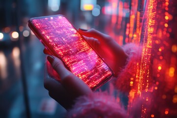 Poster - Digital Illustration of Smartphone with Holographic Tech Icons in Professional Workspace for Marketing and E-commerce Concept