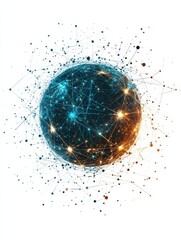 Poster - Abstract digital sphere with glowing connections and cosmic elements on a white background, representing global network connectivity in space and internet technology.