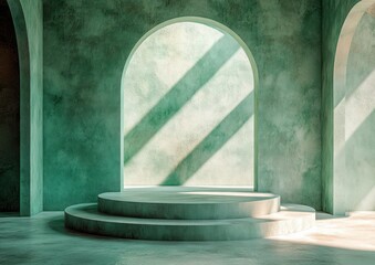 Aufkleber - Minimalist Organic Shapes Pedestal in Pastel Green and Beige Background with Natural Light and Shadows for Beauty Product Display
