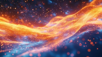 Poster - Abstract glowing orange and blue particle waves with dots, stars, and lines. Futuristic digital technology background for banners, posters, or presentations.