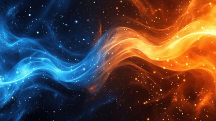 Poster - Abstract glowing orange and blue particle waves with dots, stars, and lines. Futuristic digital technology background for banners, posters, or presentations.