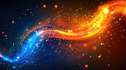 Poster - Abstract glowing orange and blue particle waves with dots, stars, and lines. Futuristic digital technology background for banners, posters, or presentations.