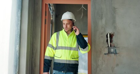 Aufkleber - Man, walking and phone call for construction, inspection and contractor compliance on site with helmet. Safety manager, mobile and quality assurance for renovation, engineering or project management