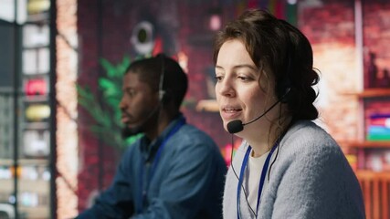 Poster - joyous call center agent providing step by step guidance to resolve customers concerns. happy custom