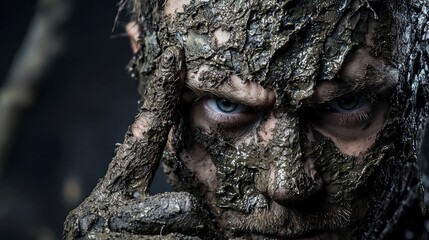 Aufkleber - Mysterious figure surrounded by nature's embrace forest portrait image intense mood close-up view transformation concept