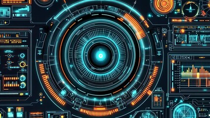Futuristic digital interface displays data and analytics in vibrant colors and intricate designs during a tech presentation
