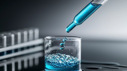 Poster - Experiment in a laboratory dropping blue liquid into glass container close-up scientific environment high-detail