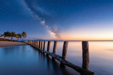 Wall Mural - a beautiful beach scene with a wooden pier and palm trees