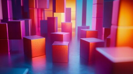 Poster - Abstract arrangement of colorful cubes creating a surreal geometric landscape on a reflective surface.