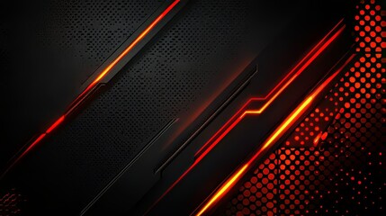 Poster - Futuristic dark background with vibrant red and orange neon light accents and geometric pattern design.