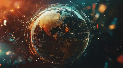 Poster - Digital world illustration showing global connectivity with lights and connections across continents.