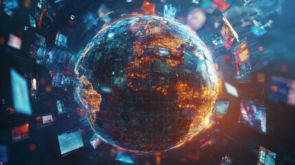 Poster - Global Data Network: A digital Earth with glowing cities connected by screens floating in space.