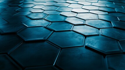 Poster - Hexagonal tile pattern in shades of blue presents a modern, geometric and textured surface design.