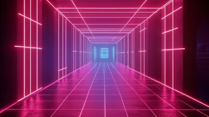 Poster - Neon-lit corridor with symmetrical grid pattern, fading to a blue light at the end. Retro futuristic design.