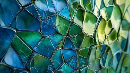 Poster - Abstract stained glass design featuring a vibrant mosaic of interconnected blue and green polygons.