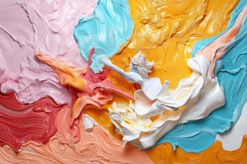 Aufkleber - Abstract artwork with a vibrant mix of colors including pinks reds oranges yellows blues and whites. The paint appears textured with visible brushstrokes creating a dynamic and energetic composition