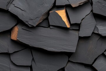 Leinwandbilder - Overhead view of fragmented dark slate with gold accents revealing textured surfaces and natural patterns under even lighting