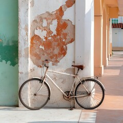 Poster - An old white bicycle leaned against a weathered wall with peeling paint in an outdoor walkway sunny day vintage aesthetic
