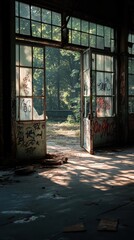 Aufkleber - Old Abandoned Building Interior With Open Doorway Overlooking Forest Sunlight Streaming Through Glass Panes Showing Graffiti and Shadows