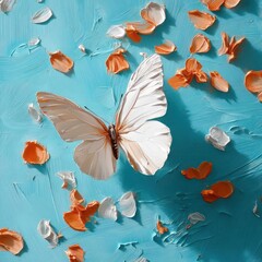 Leinwandbilder - Close up of a white butterfly on a textured turquoise background scattered with orange and white petal shapes highlighting nature art and vibrant colors