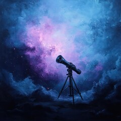 Aufkleber - Telescope on tripod observing a vibrant cosmic nebula in shades of blue and purple with a starry night sky background