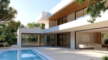Poster - Luxurious modern house with swimming pool white walls glass windows wooden ceiling and lush green trees in bright daylight