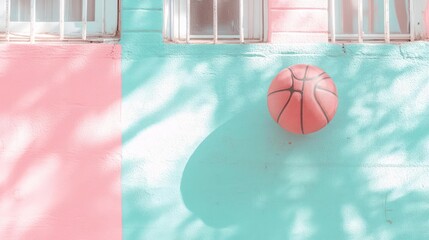 Aufkleber - A basketball is mounted on a wall painted in a vibrant split color scheme. The upper section and window frames are white while the lower section is pink and blue with shadows and highlights