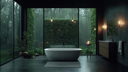 Aufkleber - Modern bathroom interior with large windows overlooking a lush green exterior during a rainy day with soft lighting and a minimalist design