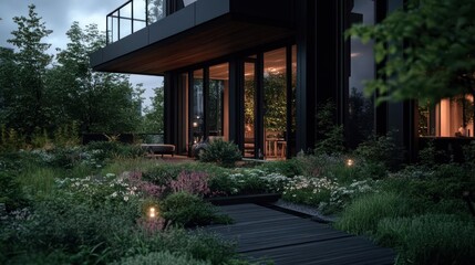Aufkleber - exterior view of modern house at dusk with illuminated interior featuring lush garden and pathway cr