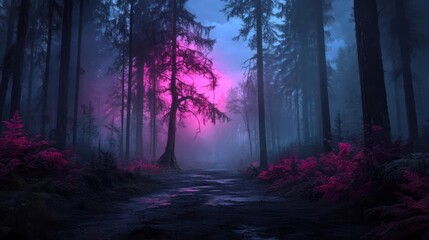 Aufkleber - Mysterious forest scene with neon pink and blue lighting effects illuminated a path with puddles amidst dark silhouette trees