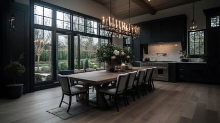 Aufkleber - Interior dining area with long wooden table set for dinner surrounded by chairs large windows allowing natural light modern kitchen design with chandelier
