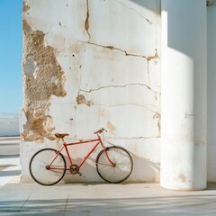 Poster - Red bicycle leaning against a weathered white wall with a blue sky in the background. The scene captures a moment of stillness with contrasting colors and textures