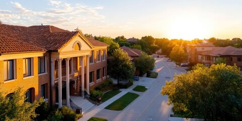 Aufkleber - Aerial view of a brick building with white columns and red tiled roof bathed in golden hour sunlight streets and trees