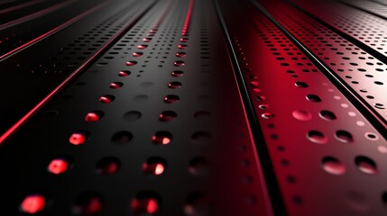 Poster - Rows of dark, perforated metal surfaces illuminated by red light, creating an industrial, futuristic feel.