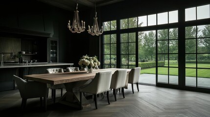 Poster - Elegant dining room interior with large windows overlooking a lush garden. Features a rustic wooden table and stylish chairs. Chandelier adds sophisticated touch. Natural light illuminates the space