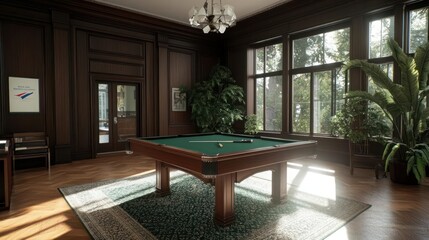 Poster - Elegant interior with a pool table large windows wooden paneling sunlight illuminating greenery and artwork creating inviting ambience
