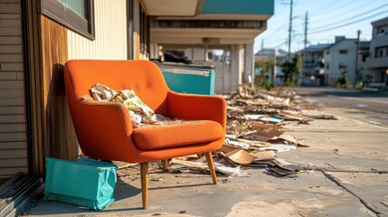 Poster - An abandoned orange armchair sits amidst debris outside a building under sunlight. Debris piles around with blue and wooden elements. Residential neighborhood background