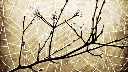 A sepia toned image depicting a spiderweb and tree branches
