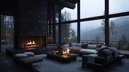 Aufkleber - Cozy room with fireplace and large windows overlooking a snowy mountain landscape. Warm interior with candles and a sofa creating a comfortable atmosphere