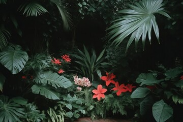Poster - Lush green foliage and vibrant red flowers create a dense natural scene. The image focuses on varied plant textures with deep shadows and highlighted by soft lighting