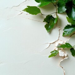 Fototapete - Green leaves on a textured white surface with cracks creating a natural contrast of organic and inorganic elements with overhead lighting