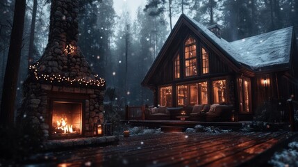 Aufkleber - Cozy wooden cabin with a lit fireplace in a snowy forest setting Christmas lights illuminate the exterior and a warm glow emanates from windows