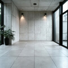 Poster - Modern Concrete Interior With Large Windows Potted Plant And Ambient Lighting