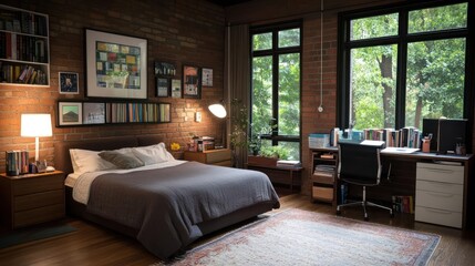 Poster - Cozy bedroom interior with exposed brick wall large window providing natural light and a bed bookshelves and study table creating a comfortable living space